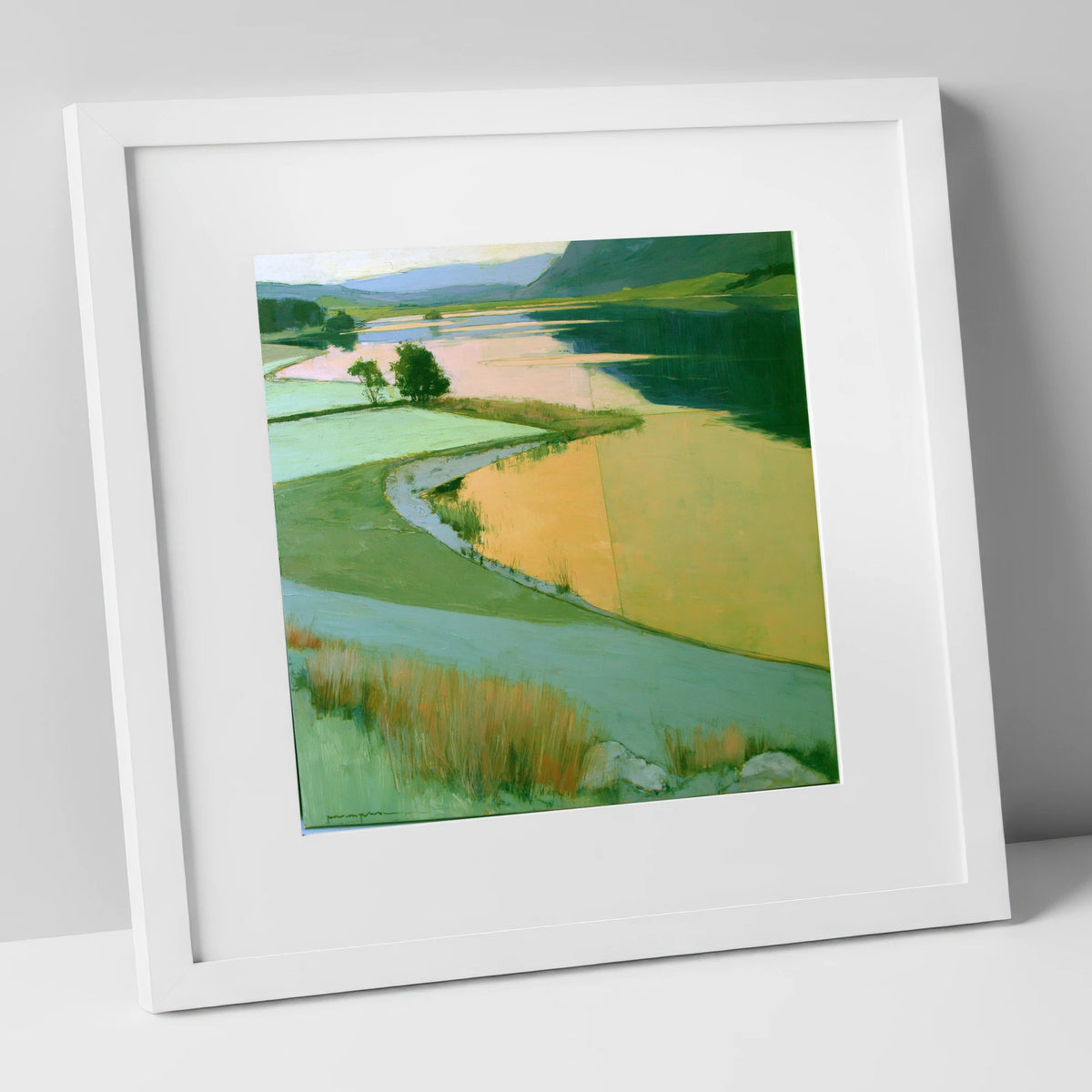 Lake and Golden Valley Fields lake district lake art print in white frame