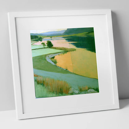 Lake and Golden Valley Fields lake district lake art print in white frame