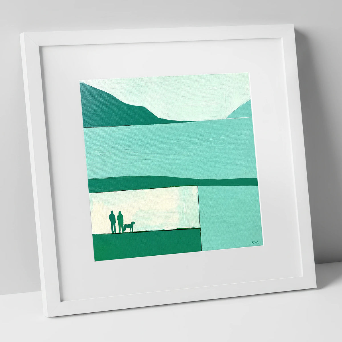 Glenridding Dog Walkers in Teal gifts for dog walkers art print in white frame
