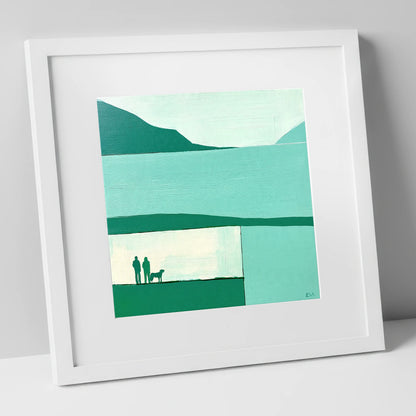 Glenridding Dog Walkers in Teal gifts for dog walkers art print in white frame