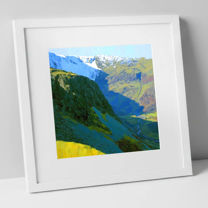 Vibrant Tarn Crag in Snow lake district fell art print in white frame