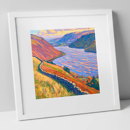 Vivid Ullswater Above Pooley Bridge lake district village art print in white frame