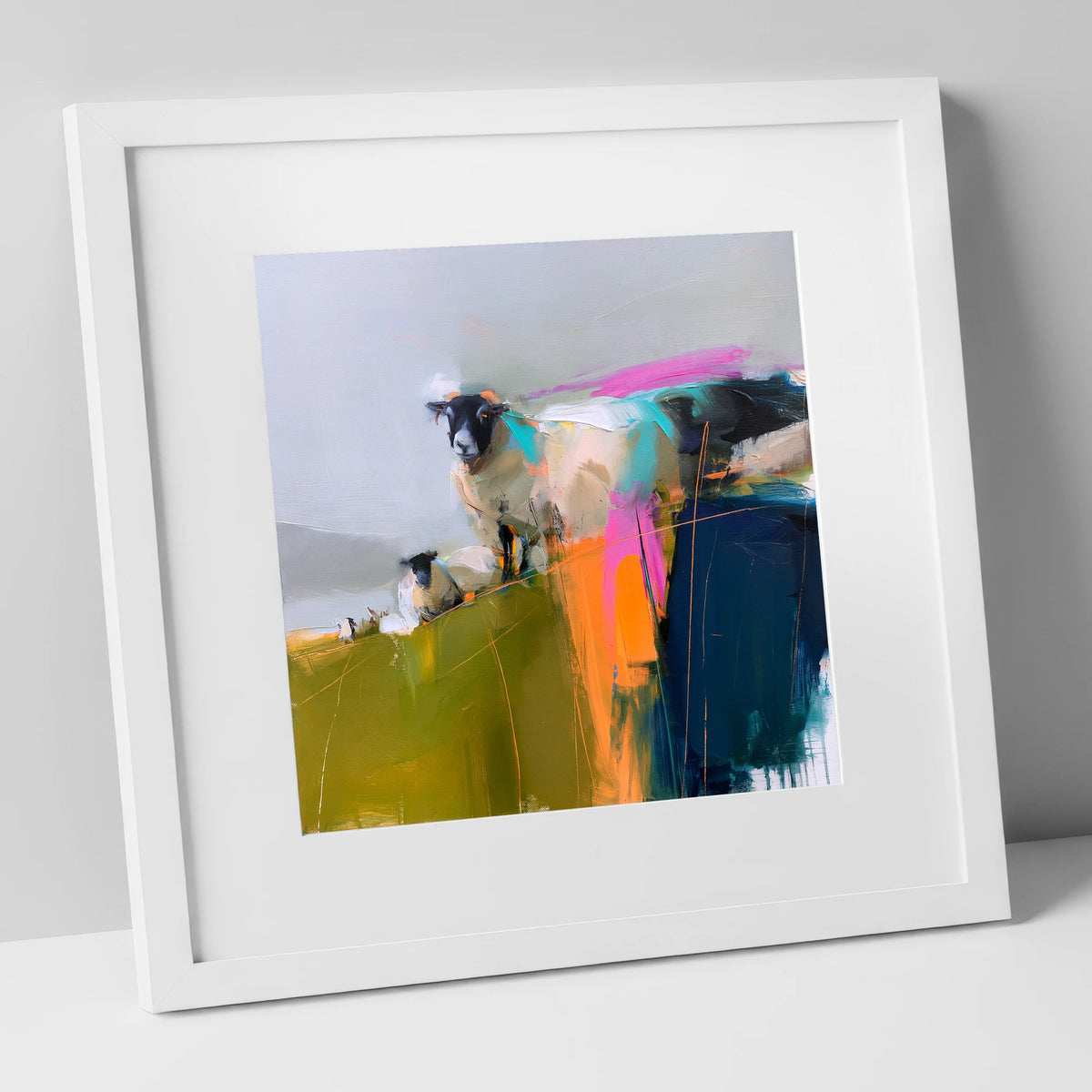 Vibrant Herdwick Sheep on Fellside lake district wildlife art print in white frame