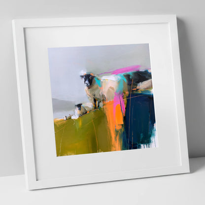 Vibrant Herdwick Sheep on Fellside lake district wildlife art print in white frame