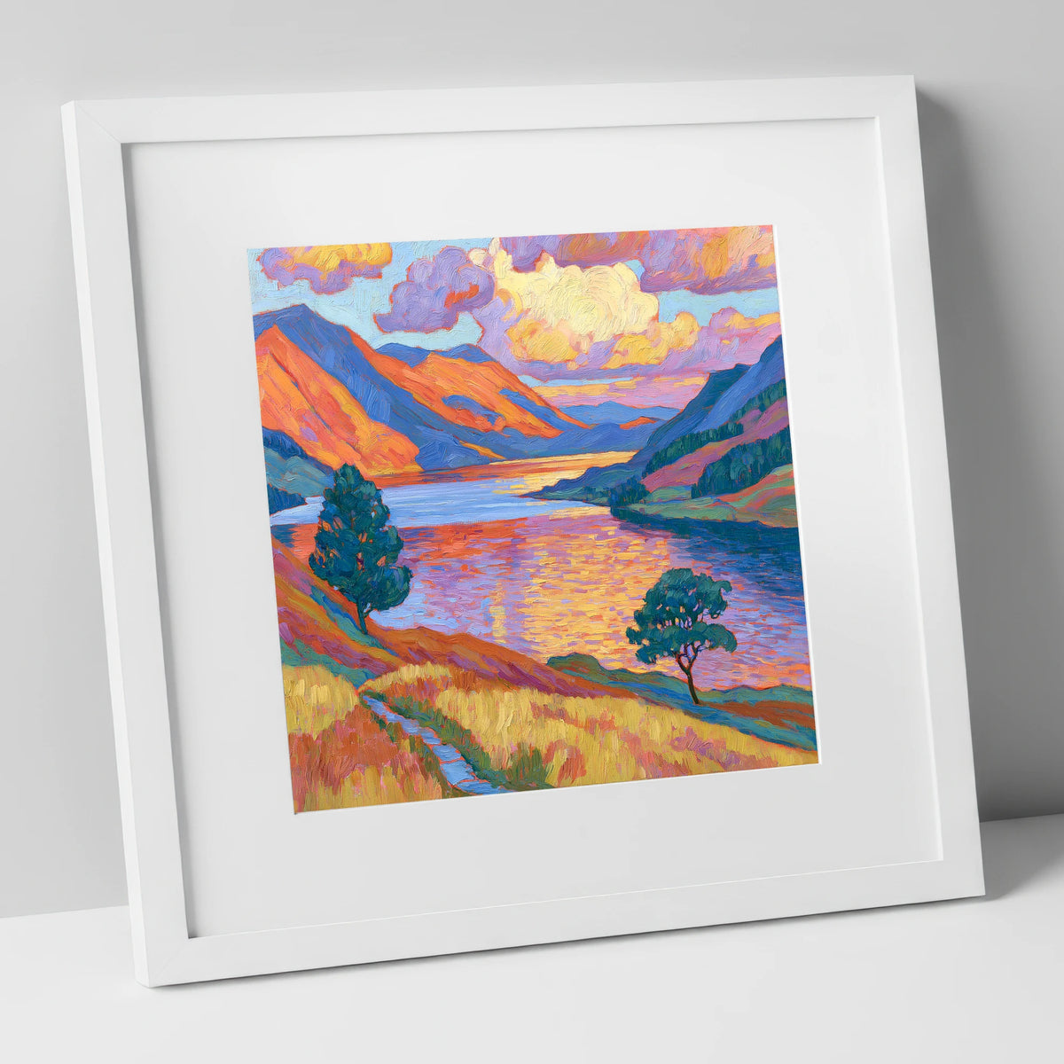 Radiant Evening Glow on the Fells lake district lake art print in white frame