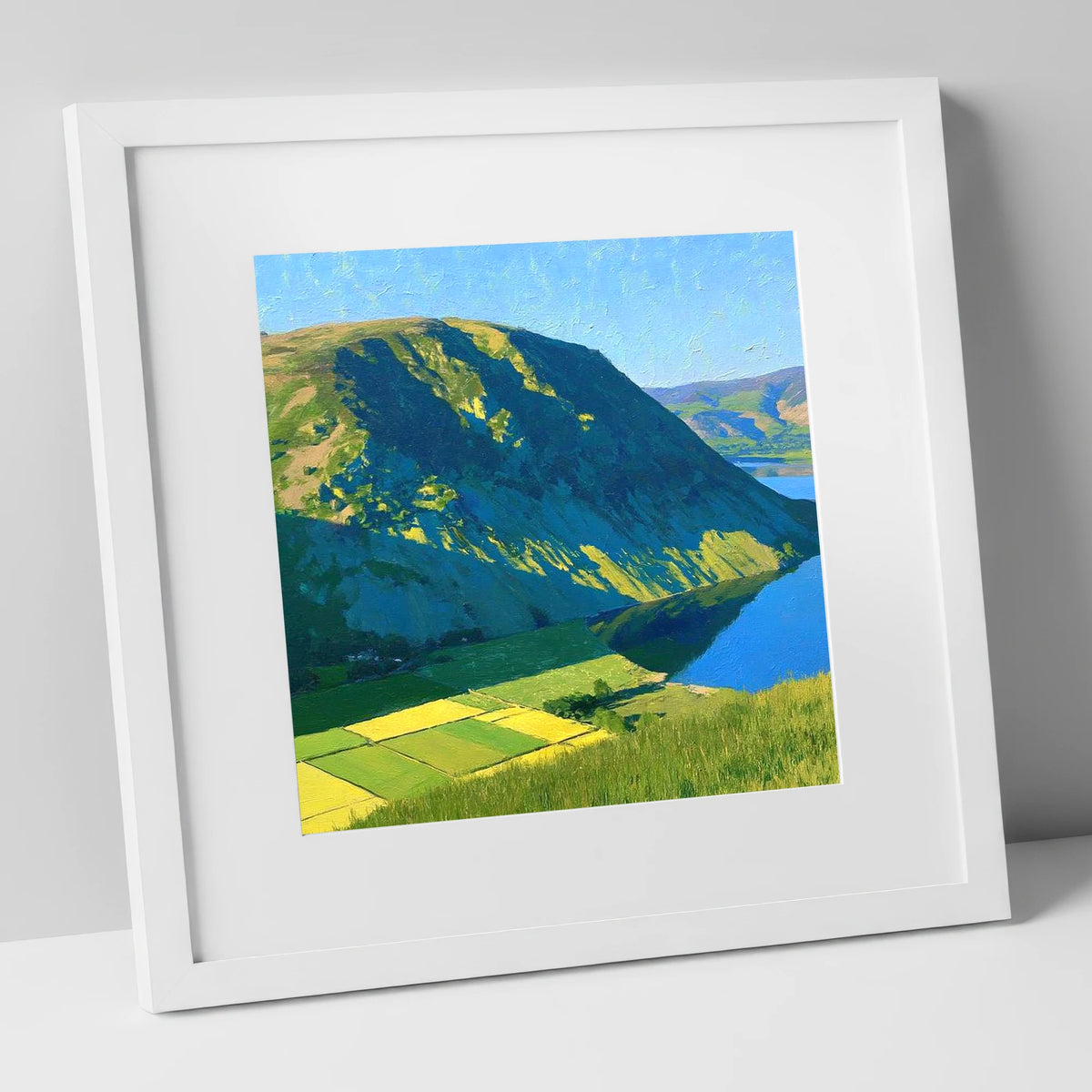 Vibrant Sunlight On Hallin Fell lake district fell art print in white frame