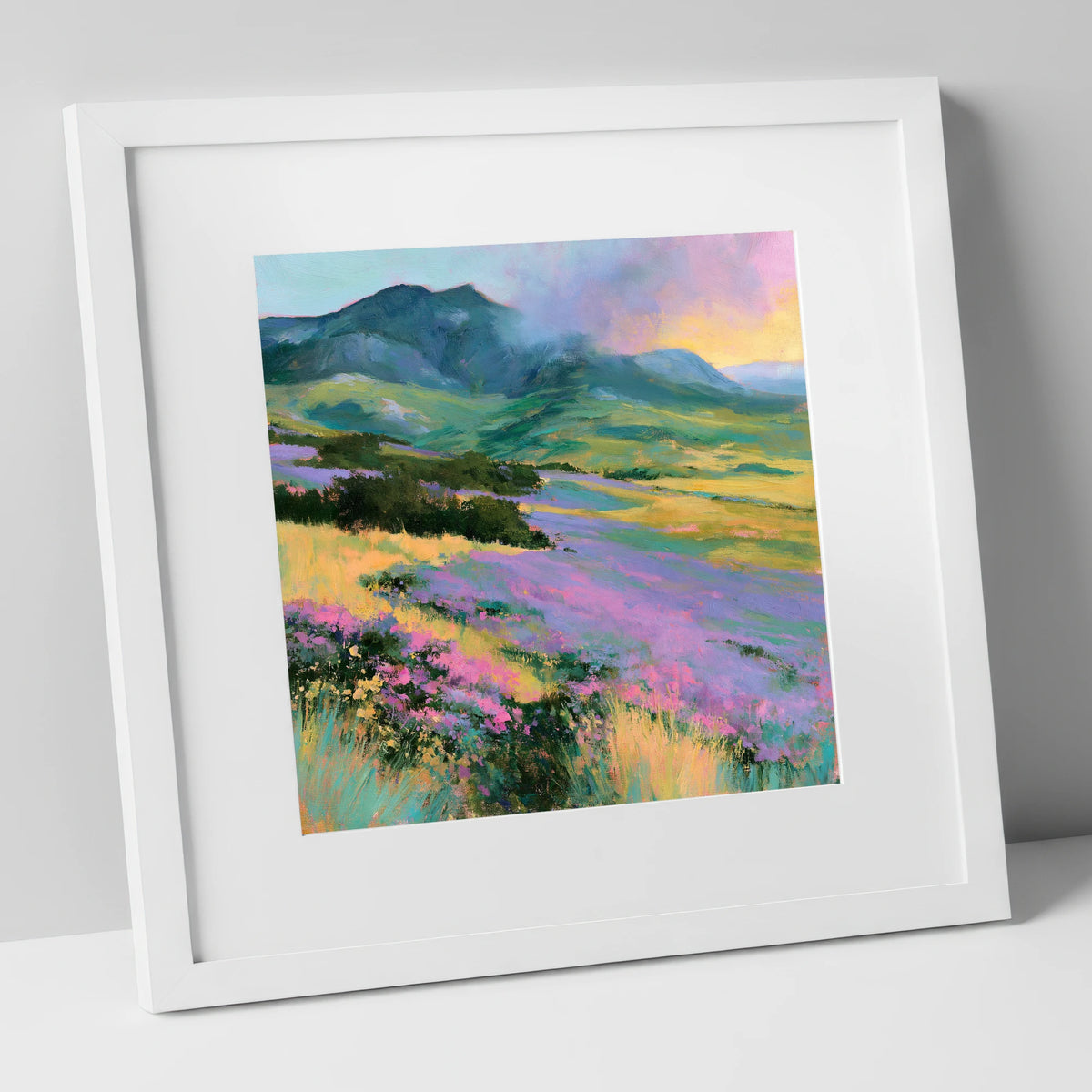 Vivid Heather on Lakeland Fells flowers & fellsides art print in white frame