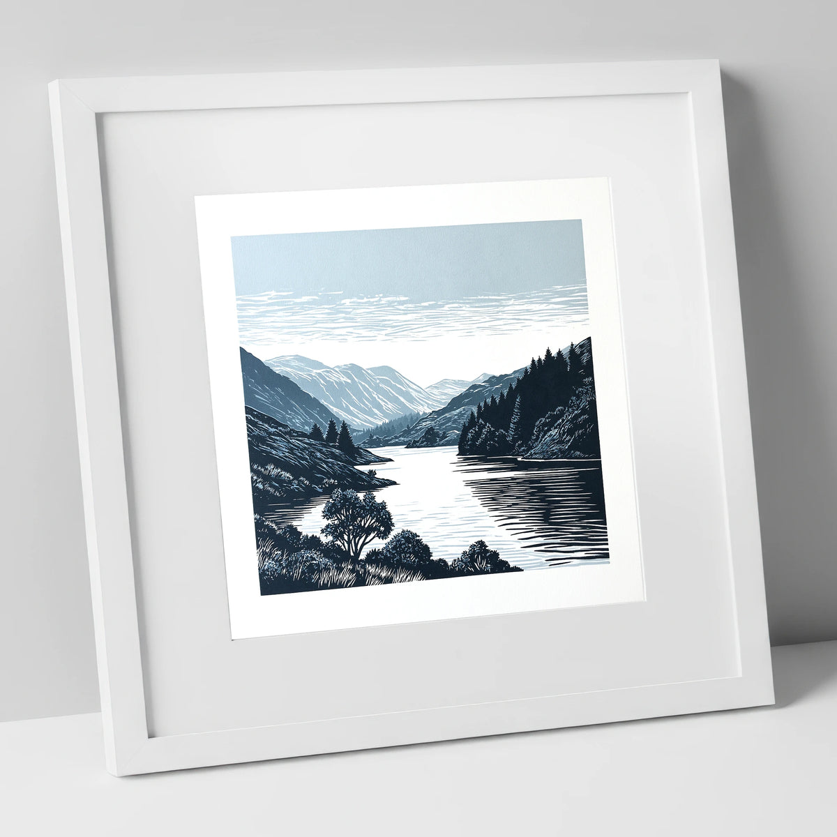 Navy Fells Over Slate Lake lake district lake art print in white frame