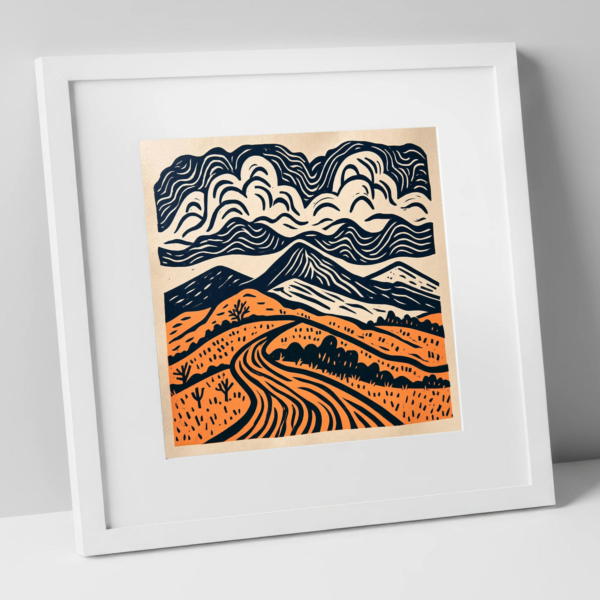 Rhythmic Terracotta Fells Under Cloud lake district fell art print in white frame