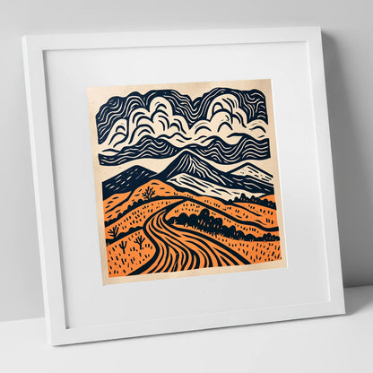 Rhythmic Terracotta Fells Under Cloud lake district fell art print in white frame