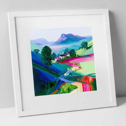 Vibrant Valley Morning Mist lake district sky art print in white frame