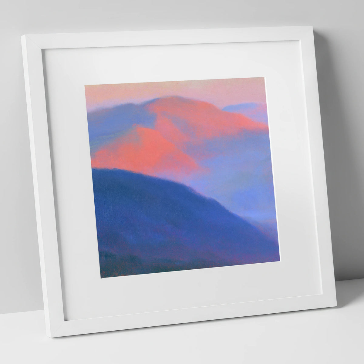 Pink Twilight Over Summit Fells lake district fell art print in white frame