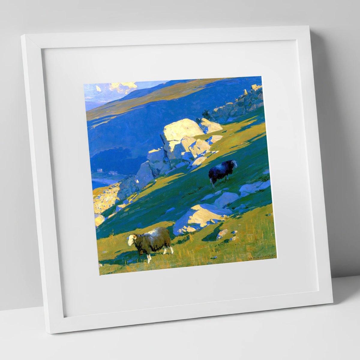 Herdwick Sheep on Sunlit Fell lake district wildlife art print in white frame