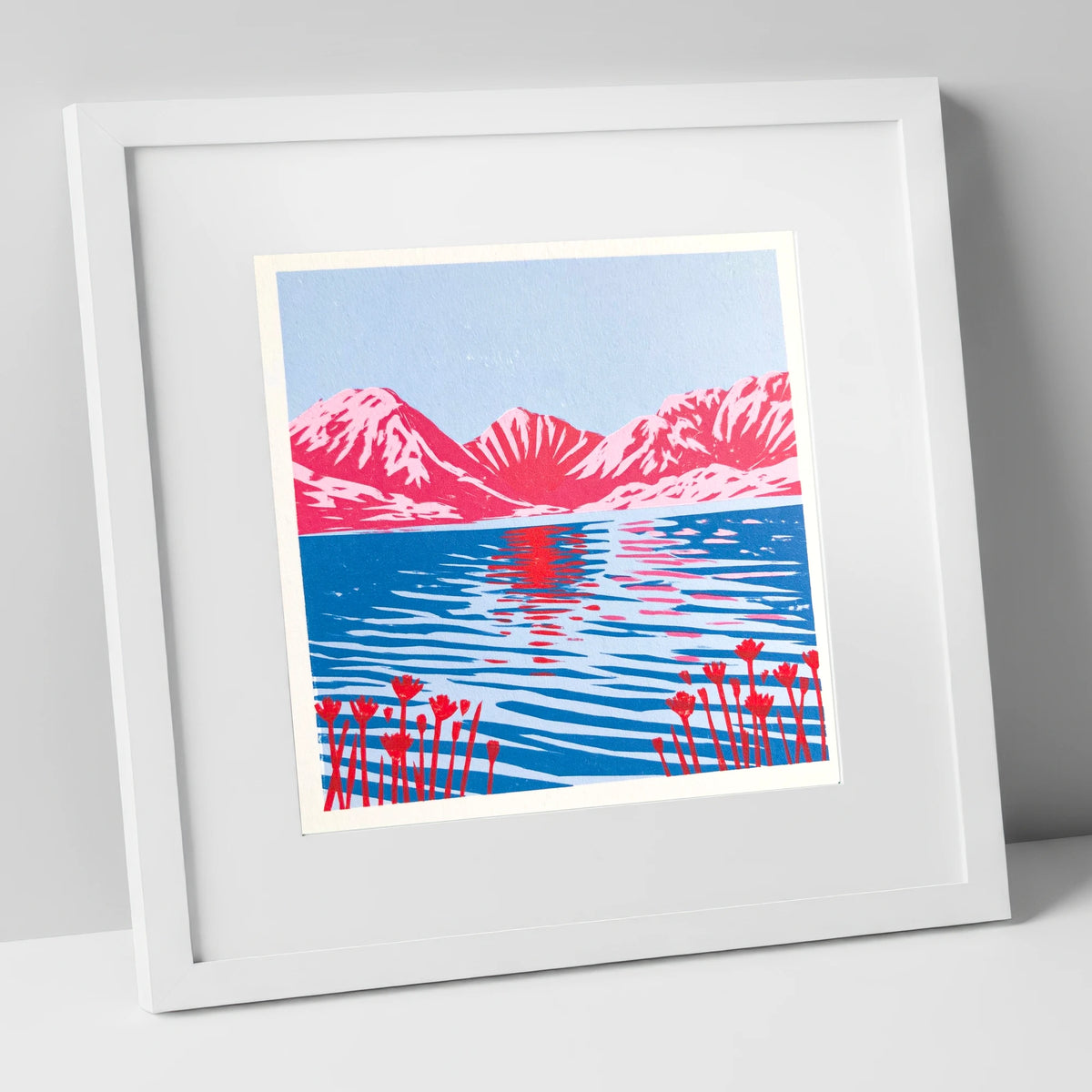 Vivid Fells Over Still Water lake district lake art print in white frame