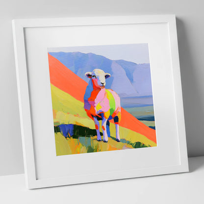 Vivid Herdwick on the Fells lake district wildlife art print in white frame