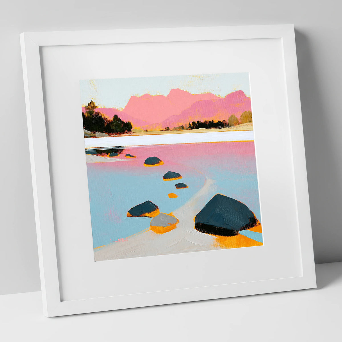 Elterwater Rocks and Pink Fells lake district lake art print in white frame