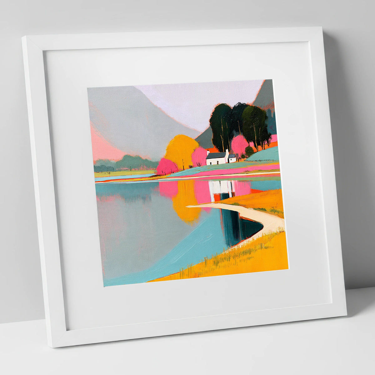 Vibrant Cottage and Lake Reflections lake district lake art print in white frame