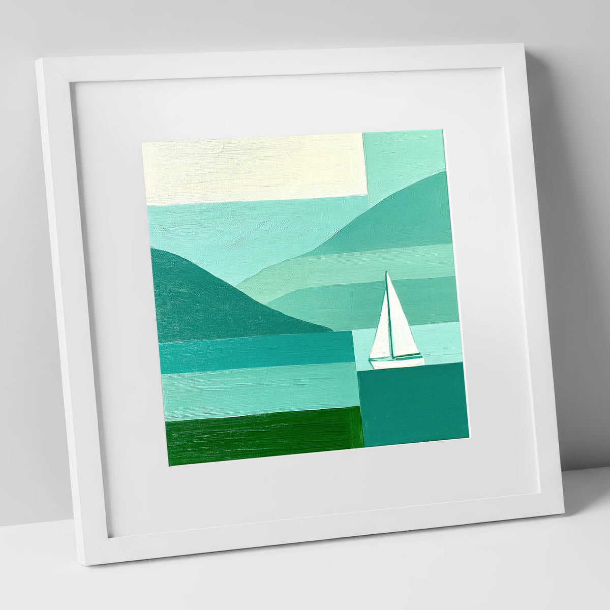 Geometric Lake District Sailboat lake district walking art print in white frame