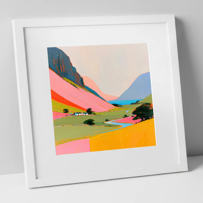 Colourful Valley Between the Fells lake district valley art print in white frame