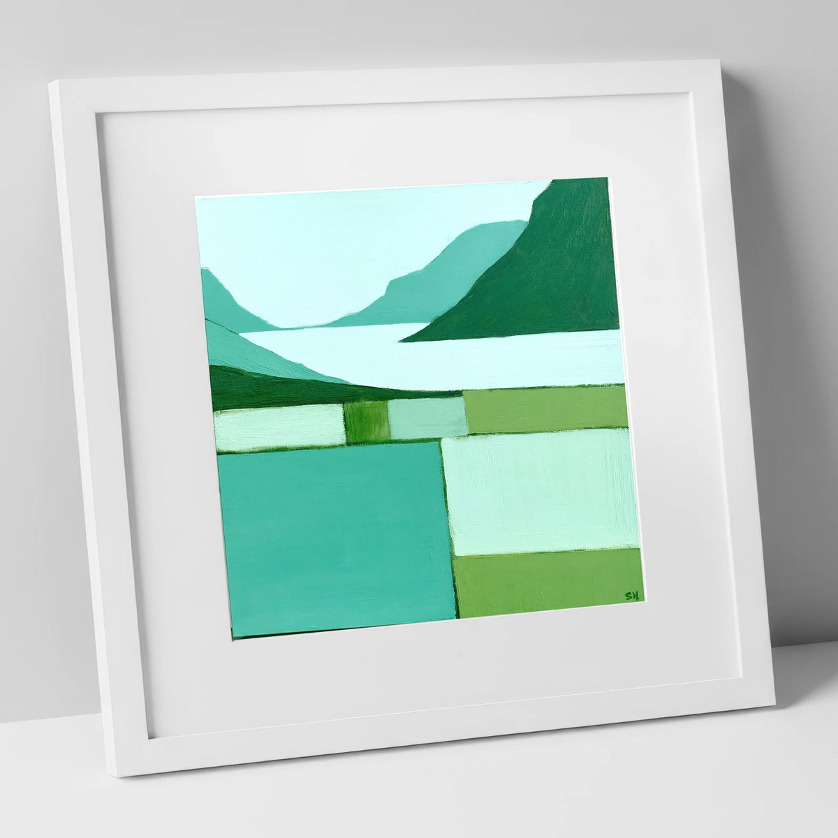 Wasdale Valley in Mint and Teal lake district valley art print in white frame