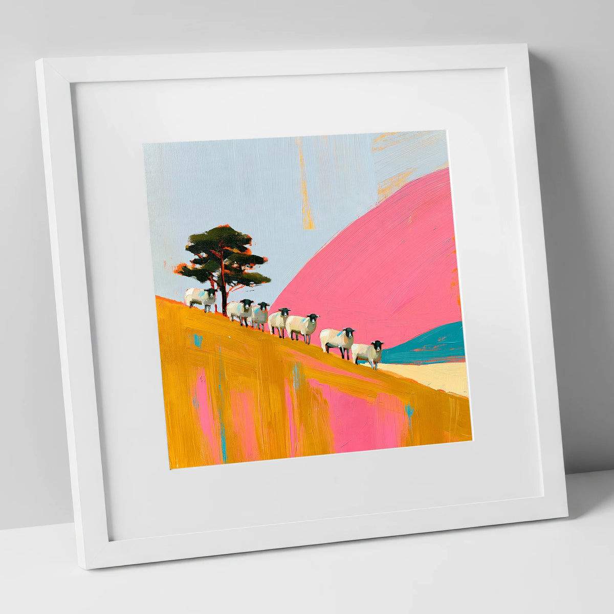 Herdwick Sheep on Pink Fellside lake district wildlife art print in white frame