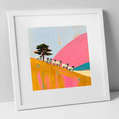 Herdwick Sheep on Pink Fellside lake district wildlife art print in white frame