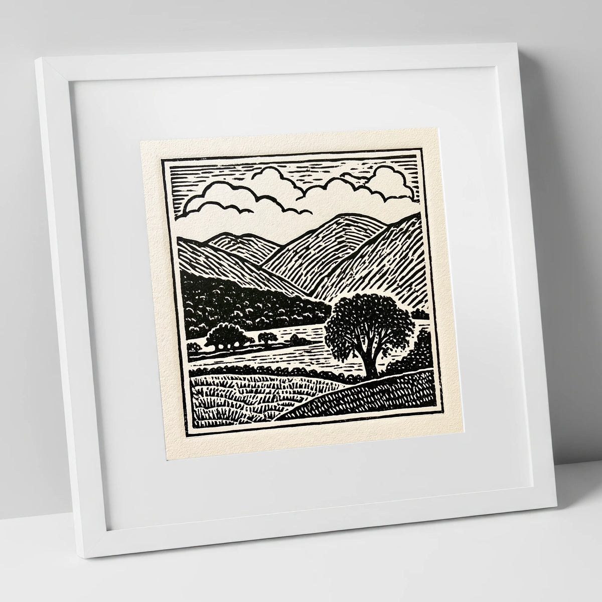 Borrowdale Fells In Striking Monochrome lake district valley art print in white frame