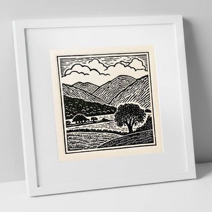 Borrowdale Fells In Striking Monochrome lake district valley art print in white frame