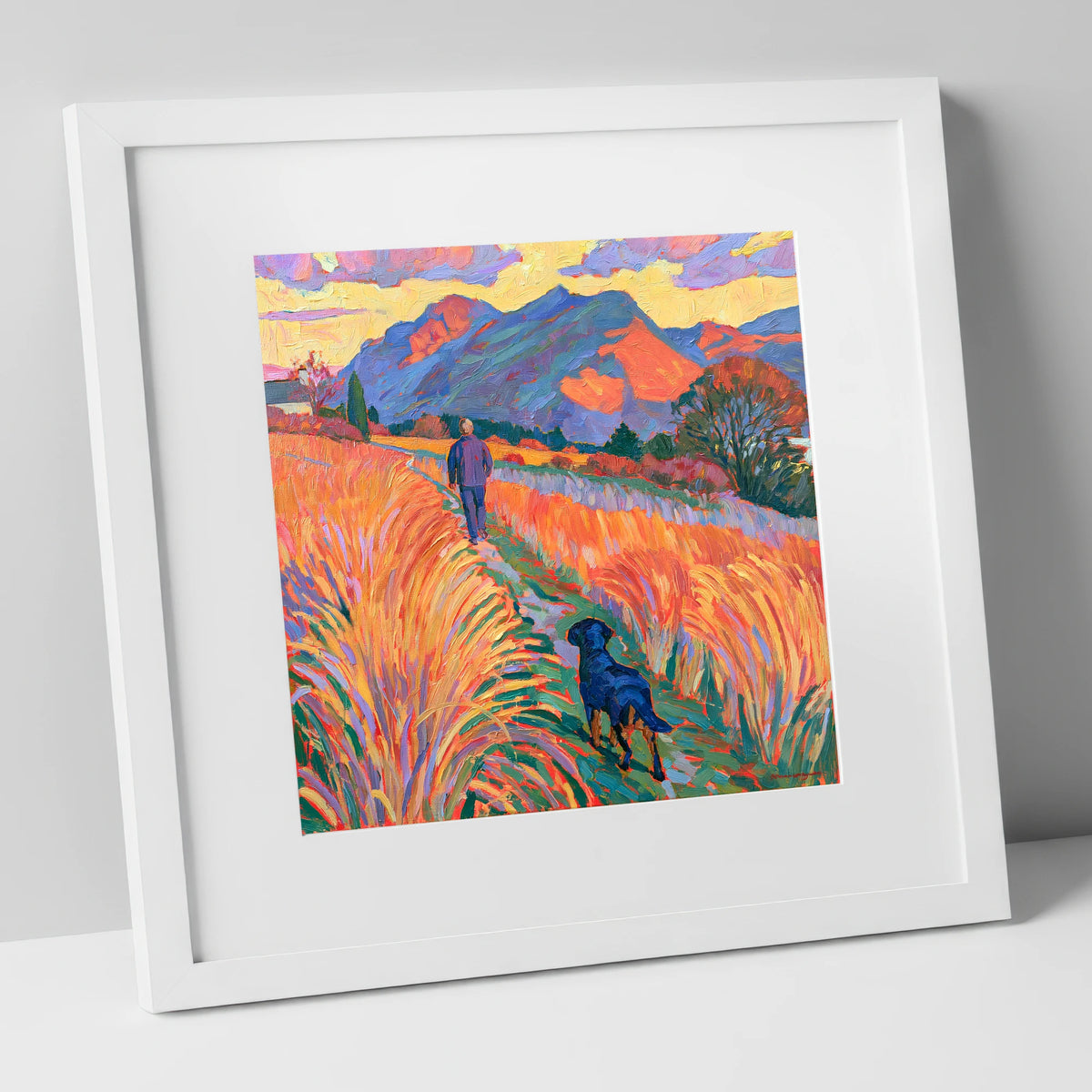 Vibrant Keswick Fells Dog Walk gifts for dog walkers art print in white frame