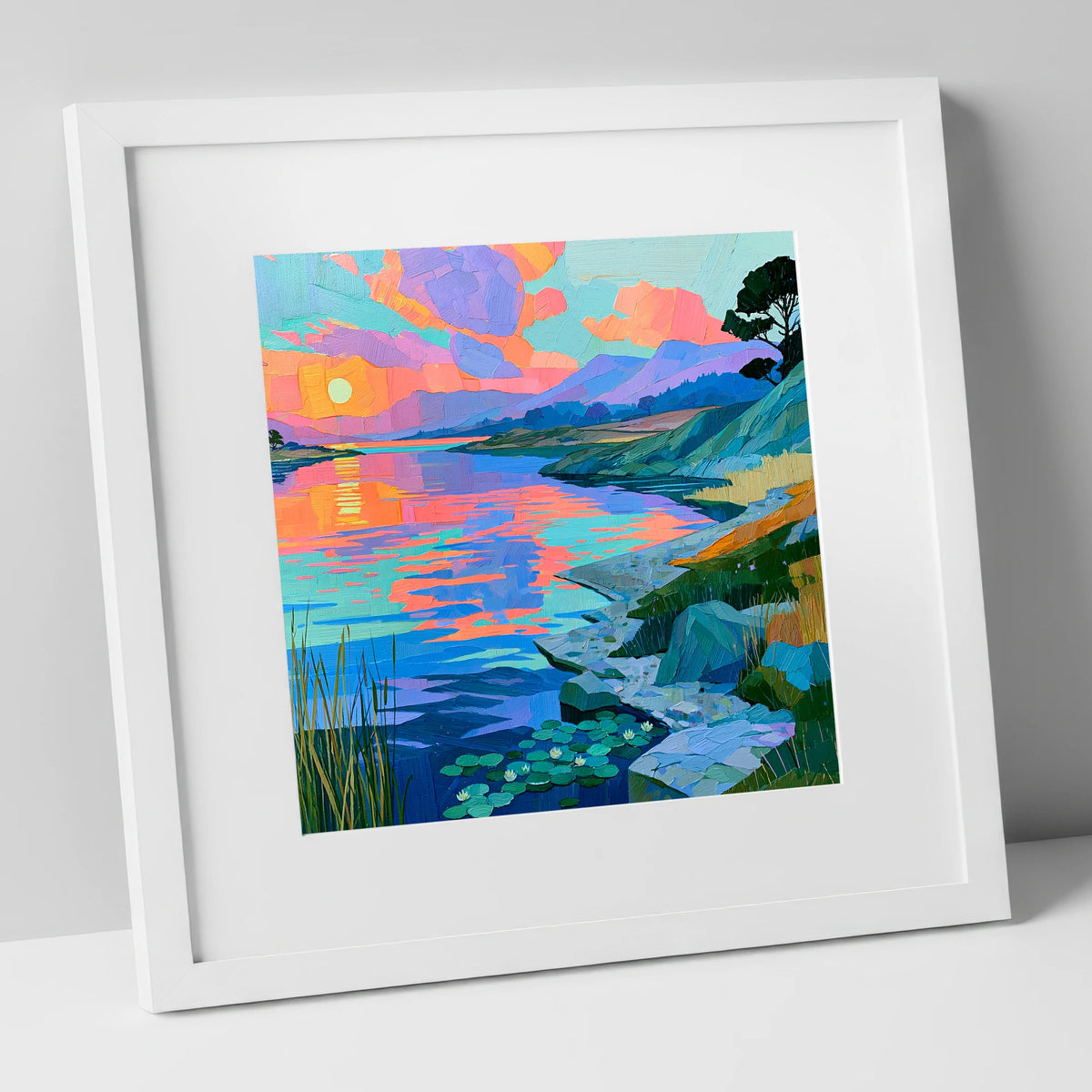 Vibrant Sunset Over the Water lake district lake art print in white frame