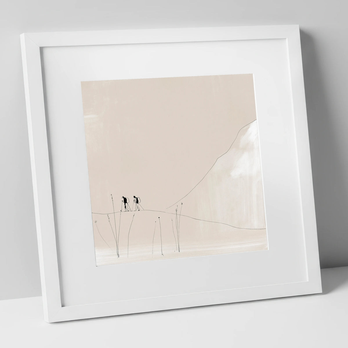 Walkers on a Minimalist Fell lake district walking art print in white frame