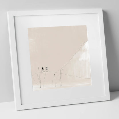 Walkers on a Minimalist Fell lake district walking art print in white frame