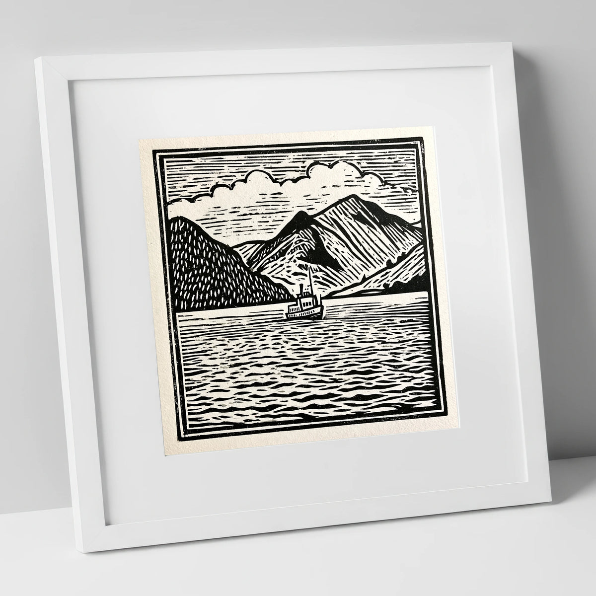 Bold Monochrome Ullswater Steamer lake district lake art print in white frame