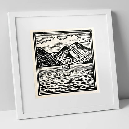 Bold Monochrome Ullswater Steamer lake district lake art print in white frame