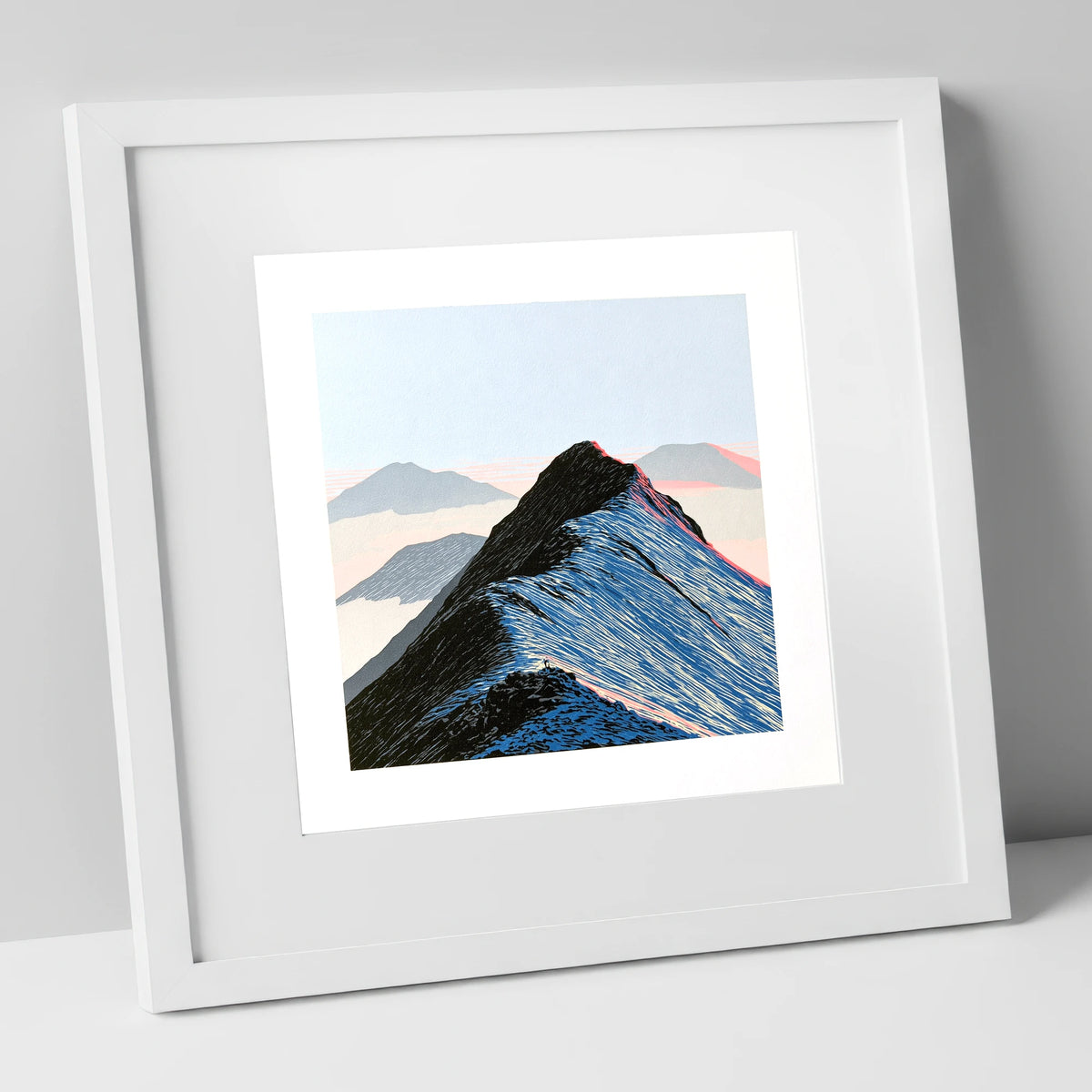 High Mountain Ridge Above Mist lake district fell art print in white frame