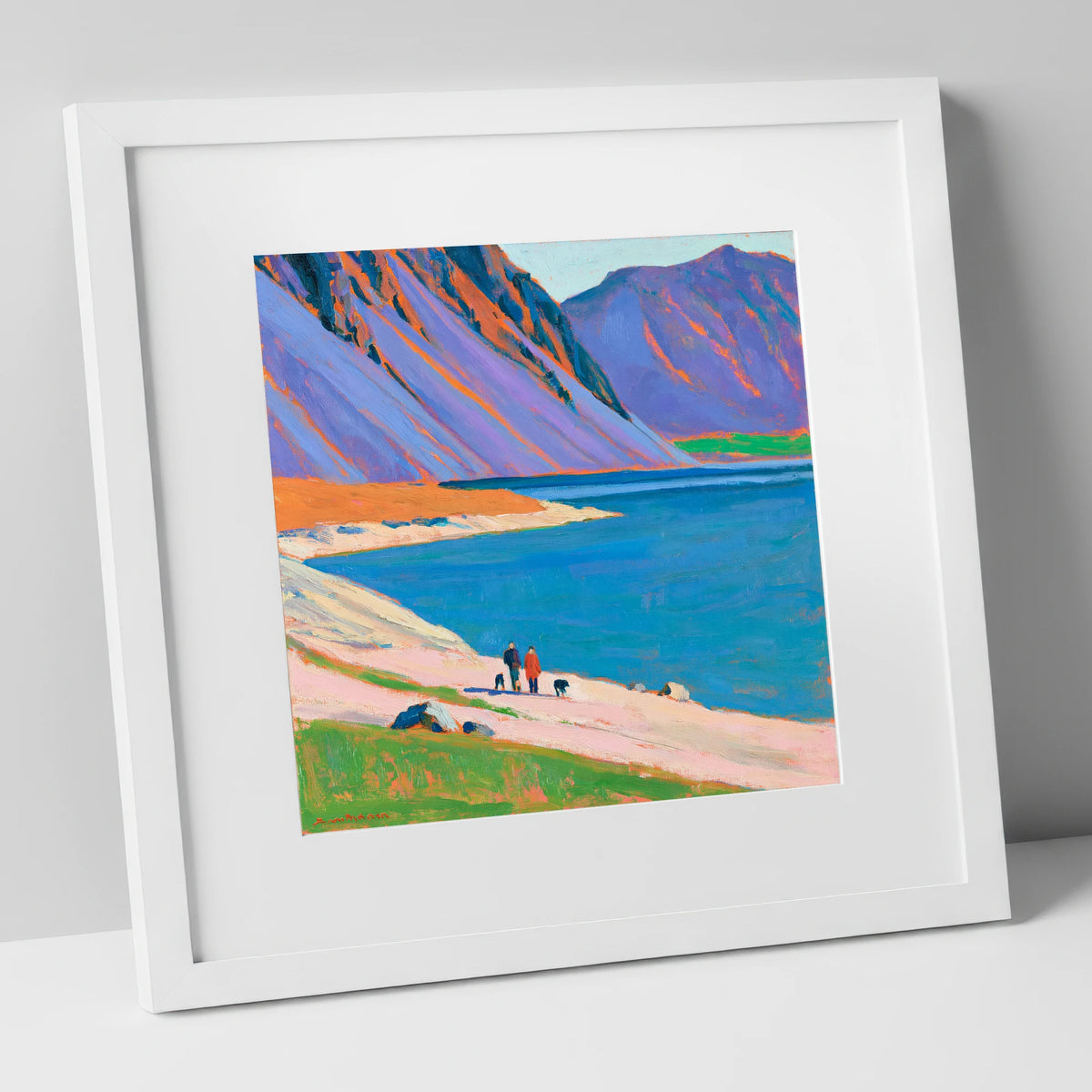 Colourful Wast Water Dog Walk gifts for dog walkers art print in white frame