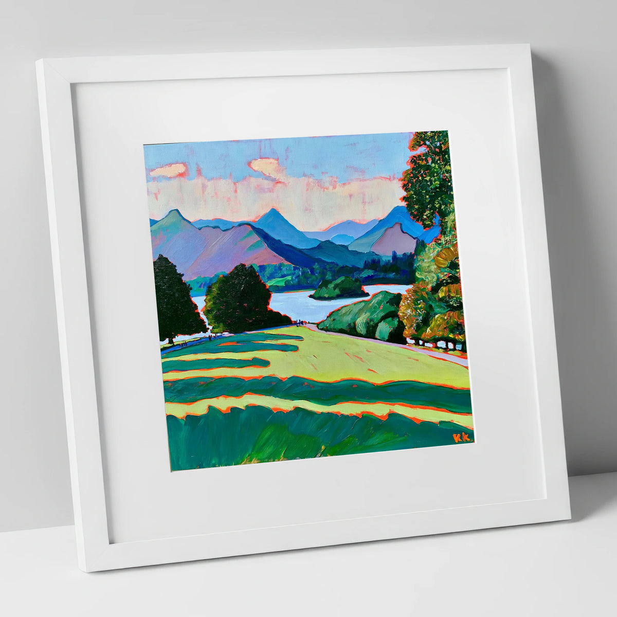 Vibrant Derwentwater From Crow Park lake district village art print in white frame