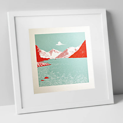 Vibrant Red Wastwater Landscape lake district lake art print in white frame