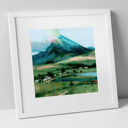 Teal Mountain Above Lakeside Hamlet lake district fell art print in white frame