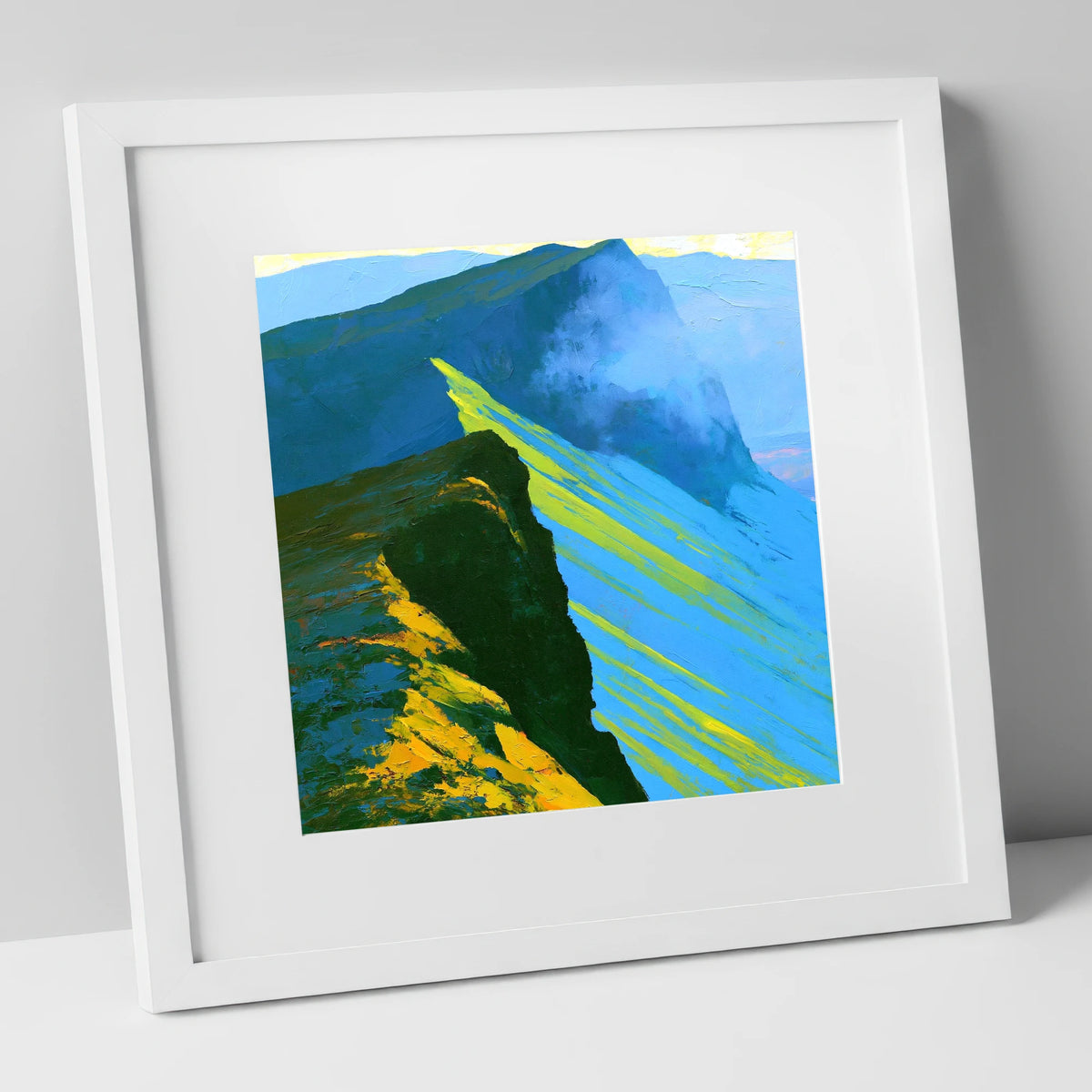 High Fell Ridge in Luminous Yellow lake district fell art print in white frame