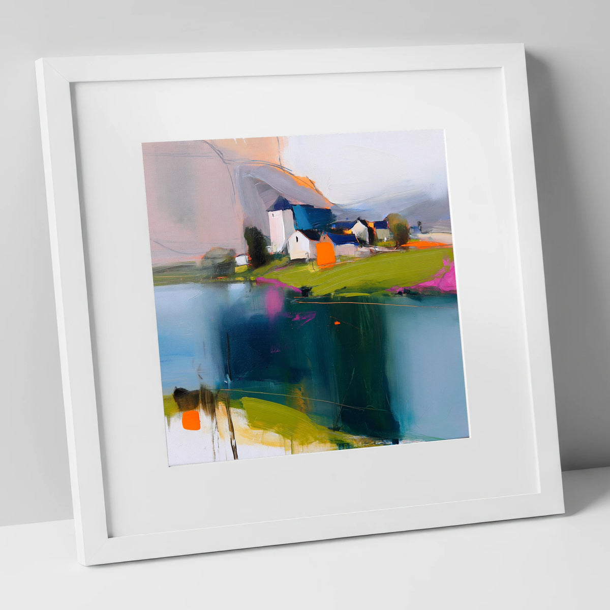 Vibrant Lakeside Village Reflections lake district village art print in white frame