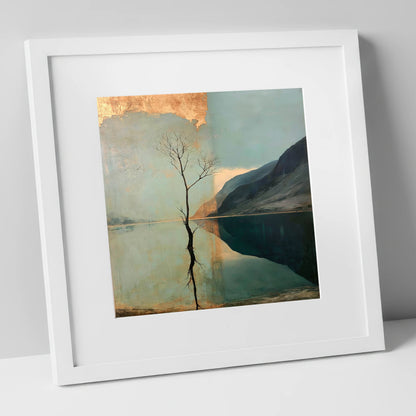 Buttermere Tree with Golden Sky lake district lake art print in white frame