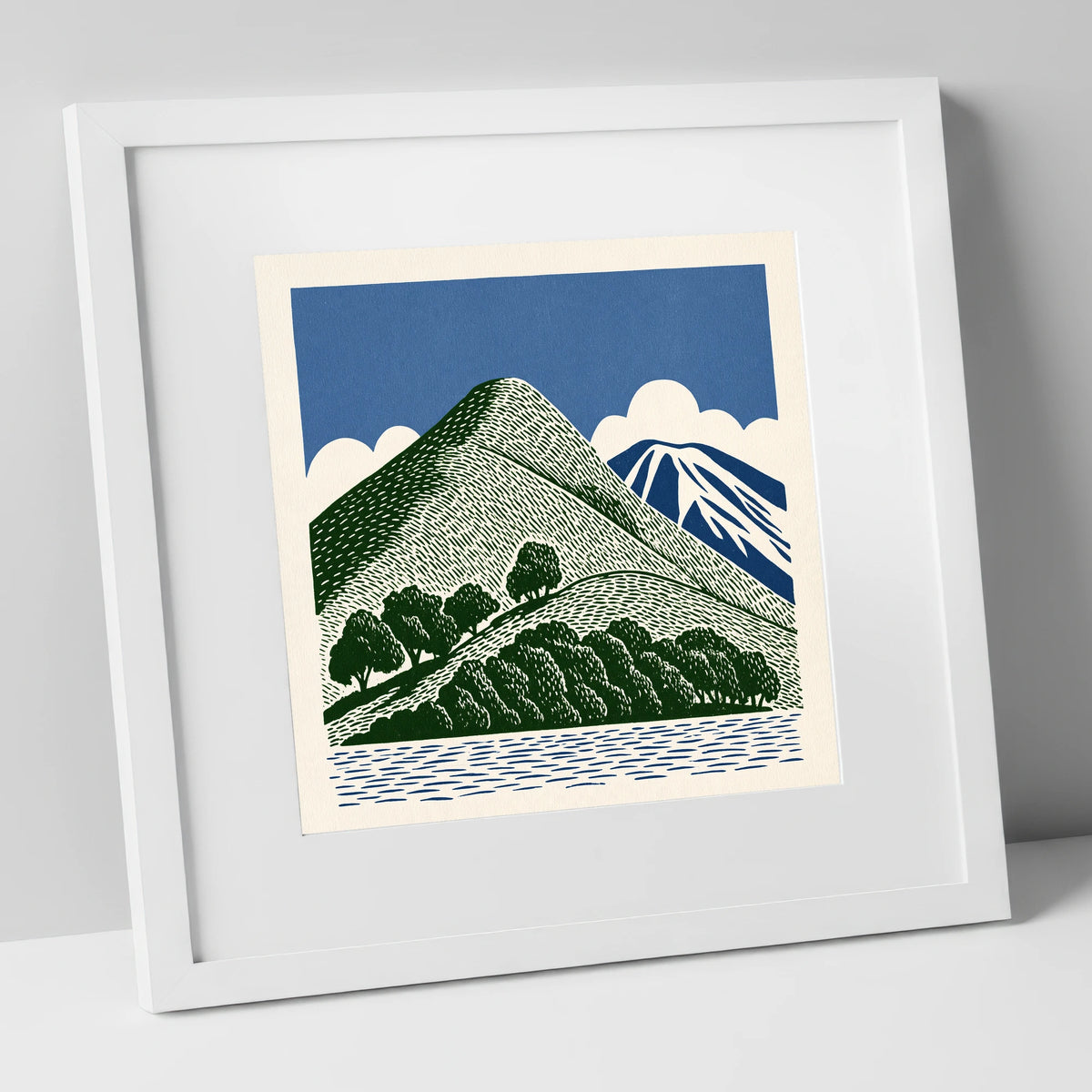 Catbells in Green and Navy lake district fell art print in white frame