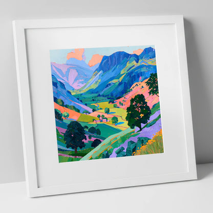 Vibrant Valley Between Blue Fells lake district valley art print in white frame