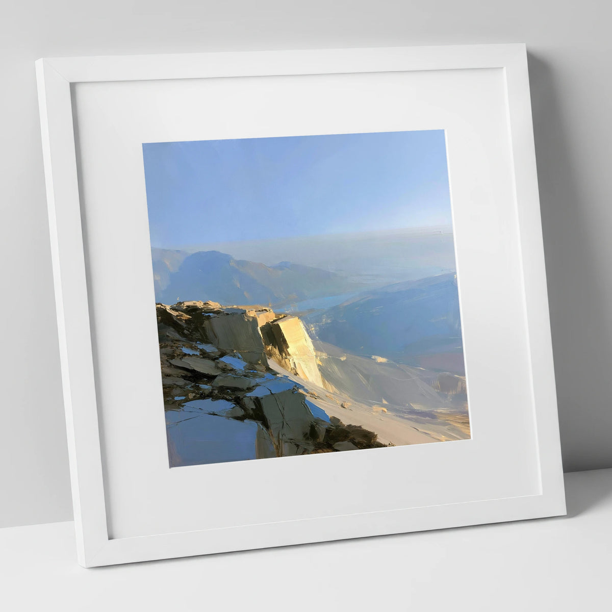 Sunlit Summit Over Hazy Fells lake district fell art print in white frame