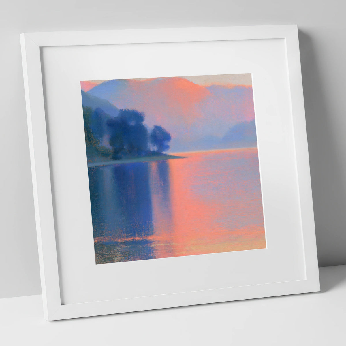 Pastel Sunset Over The Lake lake district lake art print in white frame