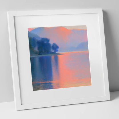 Pastel Sunset Over The Lake lake district lake art print in white frame