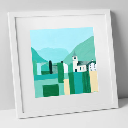 Keswick Townscape in Bold Greens lake district village art print in white frame