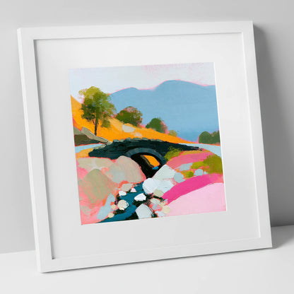 Vibrant Ashness Bridge Borrowdale lake district waterfall art print in white frame