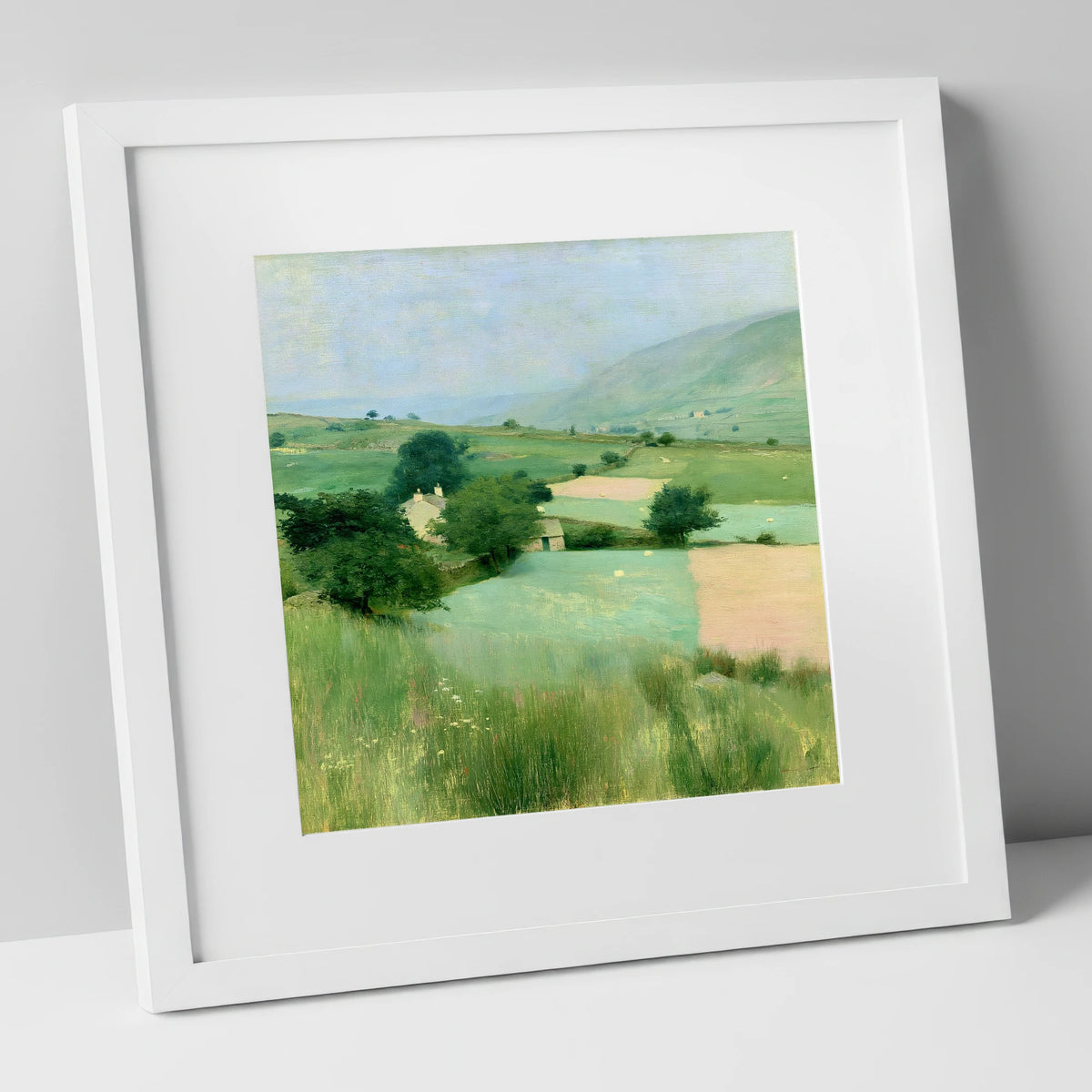 Patchwork Pastures in a Lakeland Dale lake district valley art print in white frame